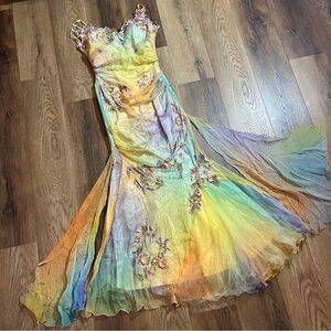 Vintage 100% Silk Dress Vintage Cache Rainbow Dress Prom Vintage Beaded Dress